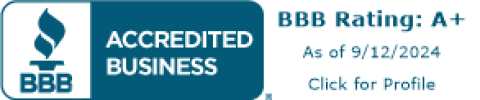 Blue rectangular badge with BBB torch icon and text: “Accredited Business – BBB Rating A+ (as of 9/12/2024) – Click for Profile.”