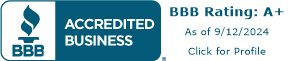 A Better Business Bureau (BBB) Accredited Business badge displaying an A+ rating, indicating the company meets BBB accreditation standards and maintains a high level of trust and customer satisfa