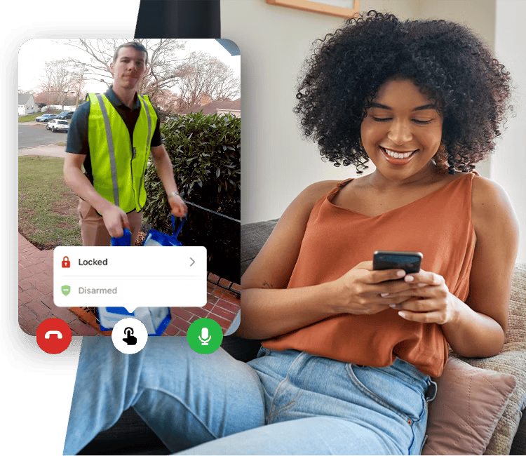 A delivery person captured on Alarm.com’s smart video doorbell interface, providing live monitoring and secure interaction options.