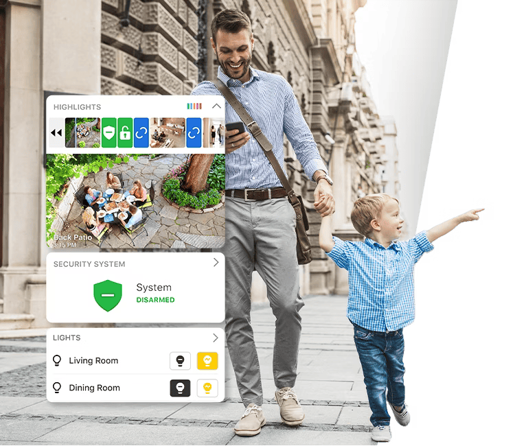 A father and son walking outdoors while the father checks the Alarm.com app, displaying real-time updates of home security, video highlights, and lighting control.