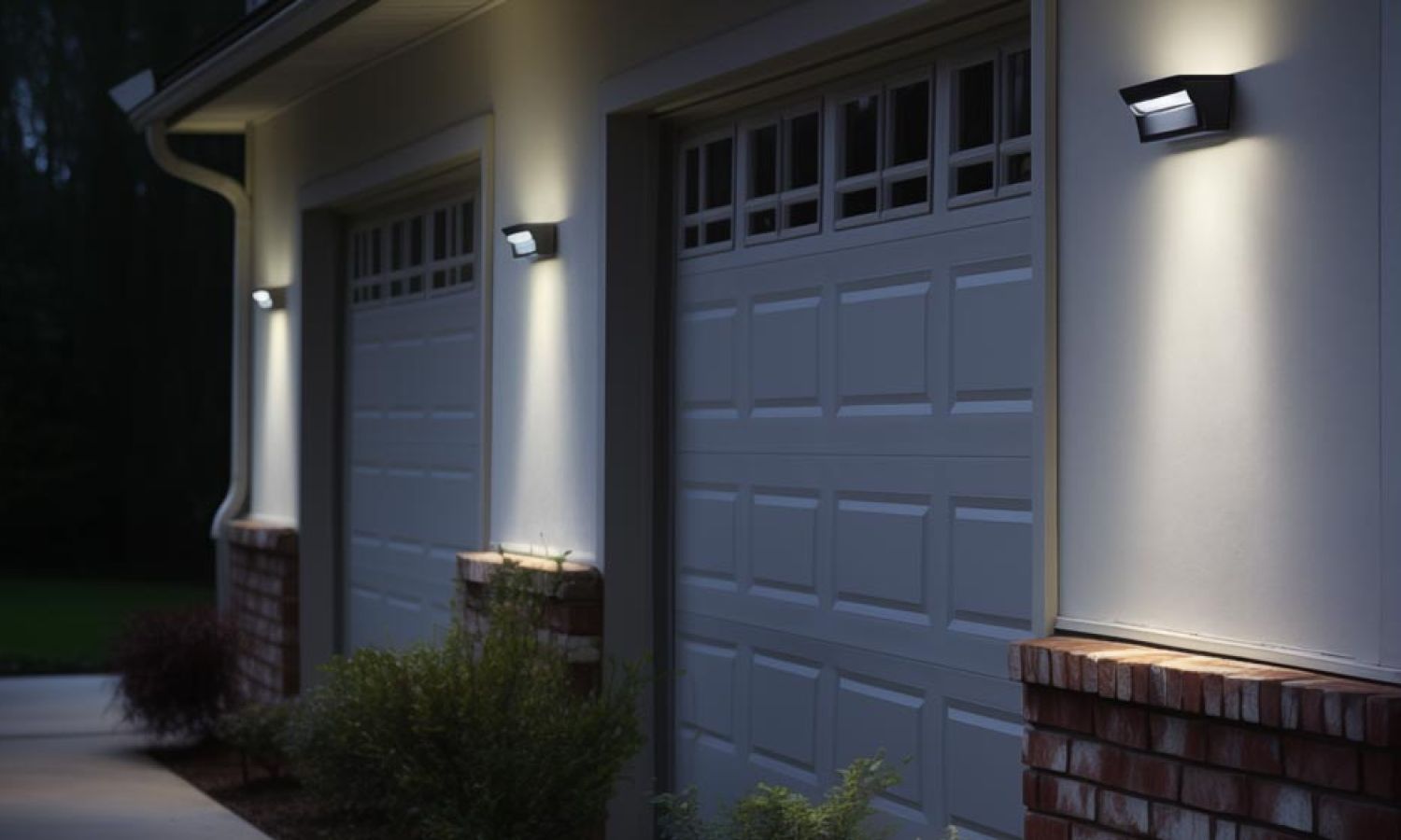 Exterior of a home at night with modern wall-mounted lights illuminating two garage doors and the surrounding entry area. The scene highlights outdoor architectural lighting that improves visibility, security, and curb appeal.