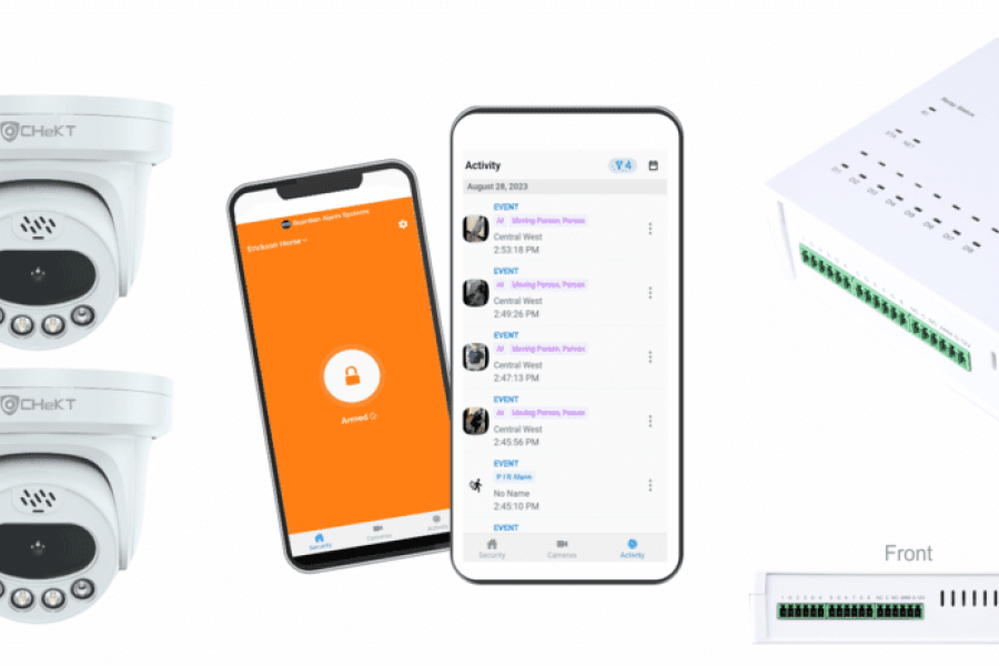 Four security cameras, two mobile phones showing a security app, and a white CHeKT bridge hardware device.