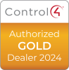 Control4 “Authorized Gold Dealer 2024” badge with a white top and gold gradient bottom.