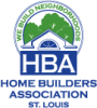 Logo for the Home Builders Association of St. Louis with a blue “HBA” beneath a green house icon framed by a blue arch and the words “Home Builders Association St. Louis” below.
